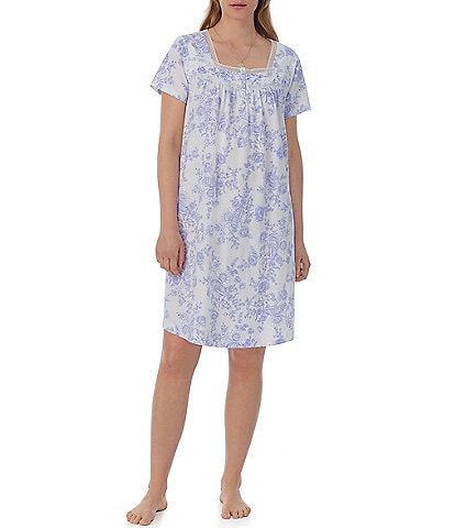 Carole Hochman Floral Print Short Sleeve Square Neck Cotton Short Gown