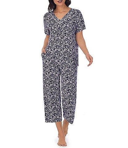 Carole Hochman Floral Print V-Neck Short Sleeve Cropped Pajama Set