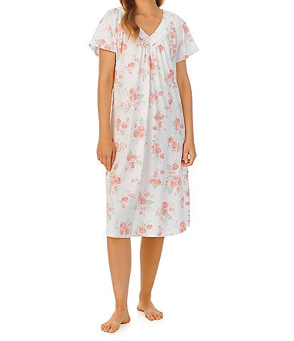 Carole Hochman Flutter Sleeve V-Neck Cotton Jersey Floral Short Waltz Gown