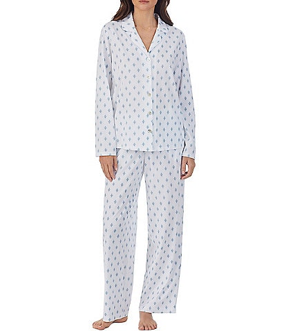 Carole Hochman Knit Diamond Print Long Sleeve Notch Collar Long Pant Pajama Set