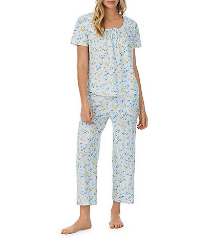 Carole Hochman Knit Ditsy Floral Print Short Sleeve Scoop Neck Capri Pajama Set