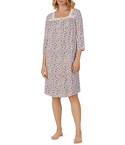 Carole Hochman Knit Floral Print 3/4 Sleeve Square Neck Nightgown