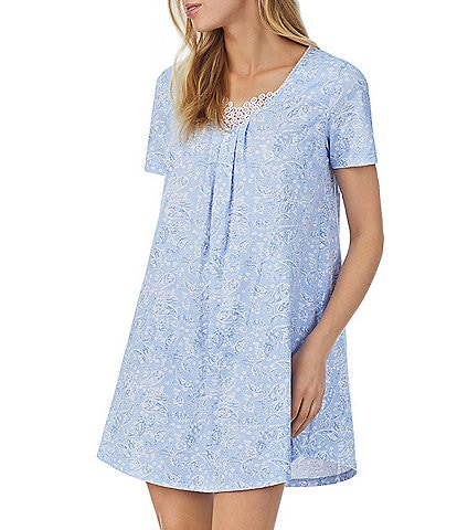 Carole Hochman Knit Paisley Print Short Sleeve V-Neck Short Nightgown
