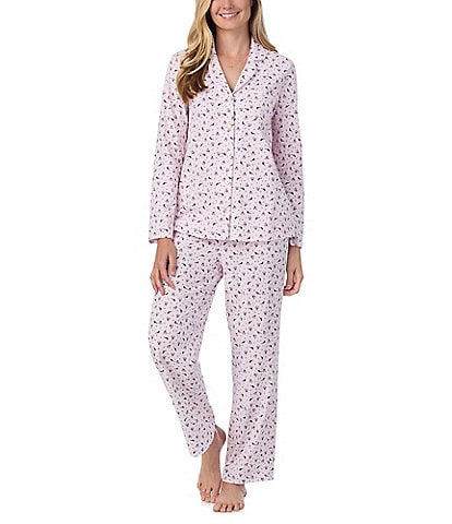 Carole Hochman Long Sleeve Notch Collar Cotton Jersey Knit Cardinal Floral Print Holiday Pajama Set