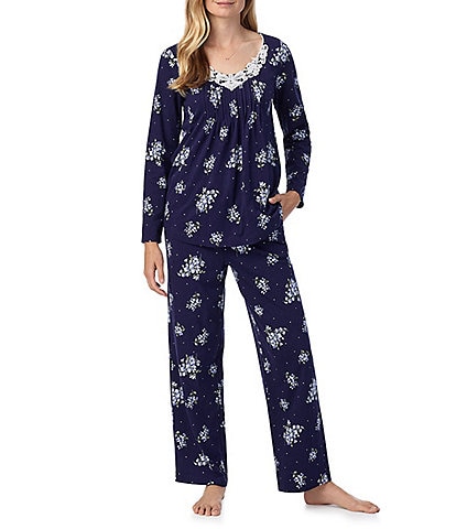 Carole Hochman Navy Floral Print Long Sleeve V-Neck Cotton Jersey Pant Pajama Set