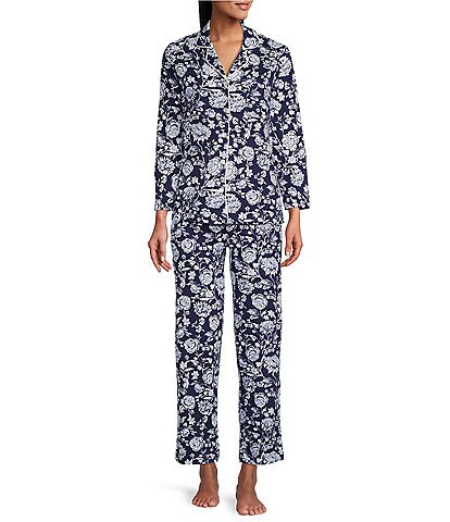 Carole Hochman Petite Size Floral Print Jersey Knit Notch Collar 3/4 Sleeve Pajama Set