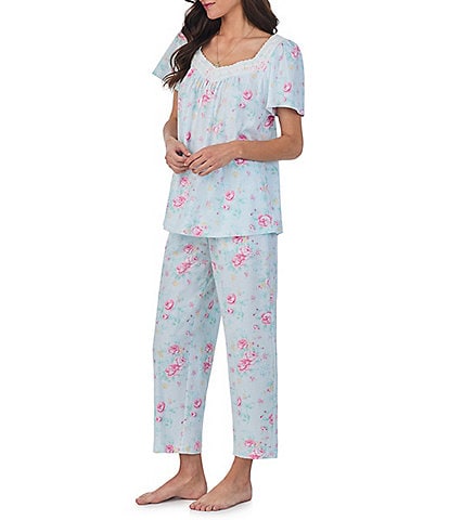Carole Hochman Petite Size Floral Print Short Sleeve Sweetheart Neck Cotton Jersey Knit Pajama Set