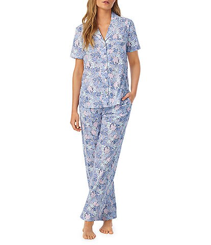 Carole Hochman Petite Size Multi Ditsy Floral Print Jersey Knit Notch Collar Pajama Set
