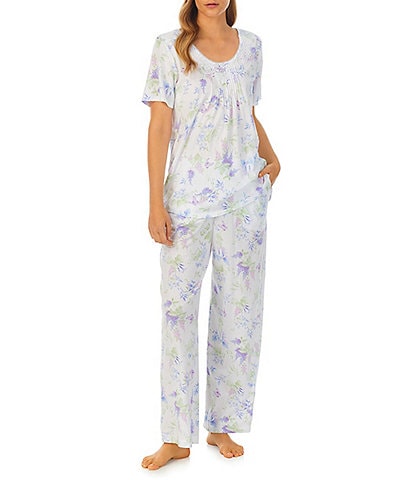 Carole Hochman Petite Size Short Sleeve Scoop Neck Coordinating Butterfly Floral Cotton Knit Pajama Set