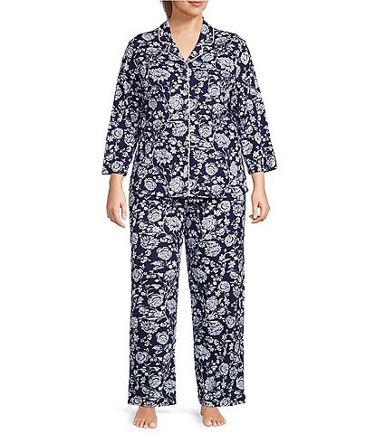 Carole Hochman Plus Size Floral Print Jersey Knit Notch Collar 3/4 Sleeve Pajama Set