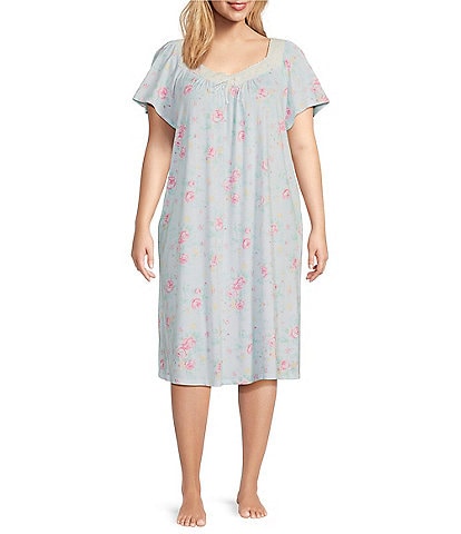 Carole Hochman Plus Size Floral Print Short Sleeve Sweetheart Neck Jersey Knit Waltz Nightgown