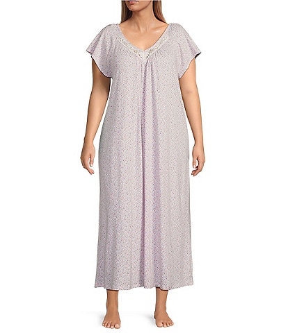 Carole Hochman Plus Size Floral Print Short Sleeve V-Neck Ballet Nightgown