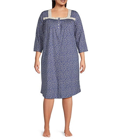 Carole Hochman Plus Size Knit Leaf Print 3/4 Sleeve Square Neck Nightgown