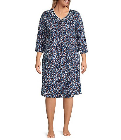 Carole Hochman Plus Size Printed Lace V-Neck 3/4 Sleeve Cotton Jersey Waltz Nightgown