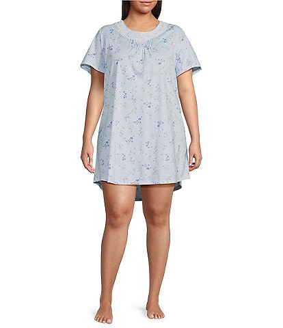 Carole Hochman Plus Size Short Sleeve Lace Pintuck Crew Neck Cotton Knit Floral Nightgown