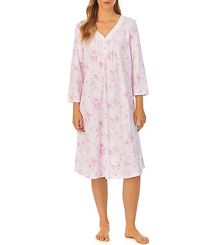 Carole Hochman Rose Floral 3/4 Sleeve V-Neck Cotton Jersey Waltz Nightgown