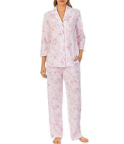 Carole Hochman Rose Floral Cotton Jersey 3/4 Sleeve Notch Collar Pajama Set