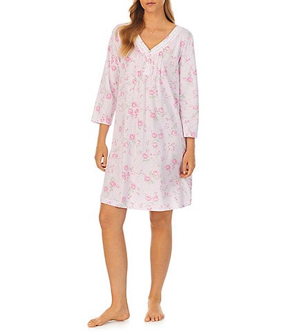 Carole Hochman Rose Floral Embellished Lace Cotton Jersey 3/4 Sleeve V-Neck Nightgown