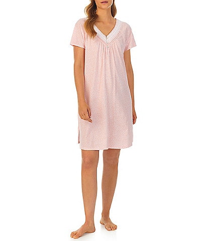 Carole Hochman Short Sleeve V-Neck Cotton Knit Ditsy Floral Short Nightgown