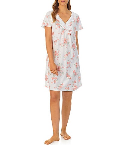 Carole Hochman Short Sleeve V-Neck Cotton Knit Floral Short Nightgown