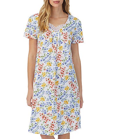 Carole Hochman Soft Short Sleeve V-Neck Floral Print Knit Waltz Nightgown