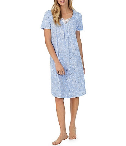 Carole Hochman Soft Short Sleeve V-Neck Paisley Print Knit Waltz Nightgown