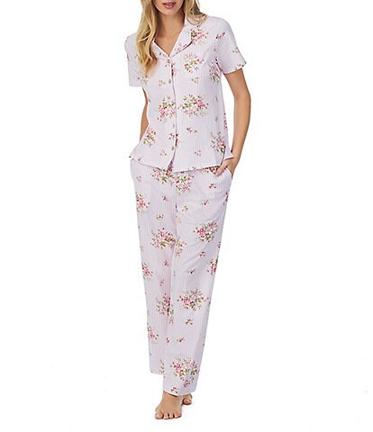 Carole Hochman Striped Floral Print Notch Collar Short Sleeve Knit Pajama Set