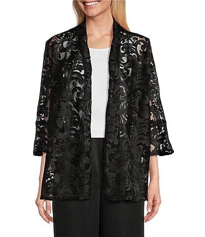 Caroline Rose Bella Soiree Embroidered Mesh Lace 3/4 Bell Sleeve Cardigan