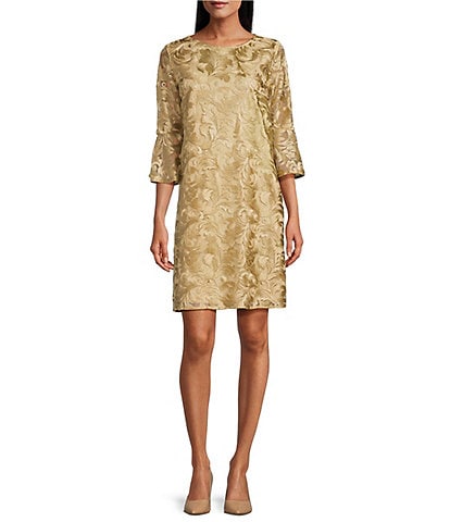 Caroline Rose Bella Soiree Embroidered Mesh Lace 3/4 Bell Sleeve Shift Dress