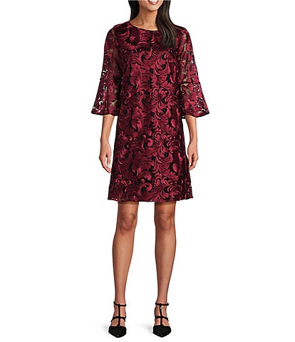 Caroline Rose Bella Soiree Embroidered Mesh Lace 3/4 Bell Sleeve Shift Dress