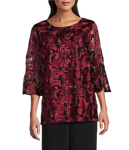 Caroline Rose Bella Soiree Embroidered Mesh Lace Scoop Neck 3/4 Bell Sleeve Tunic