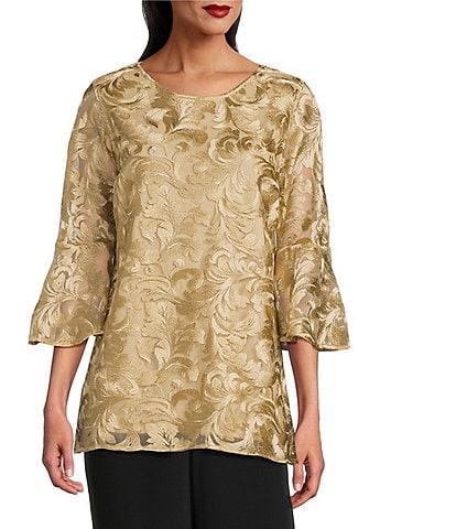 Caroline Rose Bella Soiree Embroidered Mesh Lace Scoop Neck 3/4 Bell Sleeve Tunic
