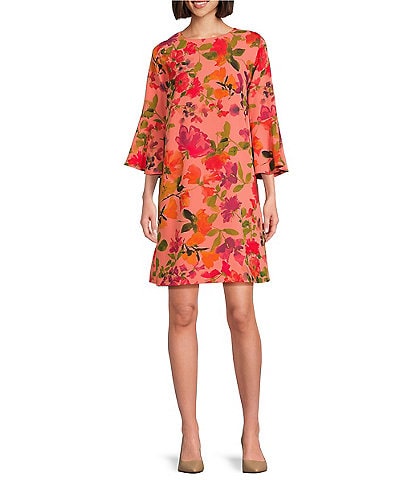 Caroline Rose Bella Woven Crepe Bright Blooms Print Scoop Neck 3/4 Bell Sleeve A-Line Dress