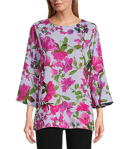 Caroline Rose Bright Blooms Floral Print Round Neck 3/4 Bell Sleeve Tunic