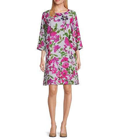 Caroline Rose Bright Blooms Floral Print Round Neck 3/4 Sleeve A-Line Dress