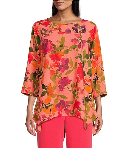 Caroline Rose Crepe Bright Blooms Print Scoop Neck 3/4 Sleeve Side Drape Tunic