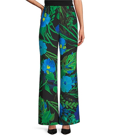 Caroline Rose Crepe Woven Garden Walk Party Print Flat Front Pull-On Coordinating Pant