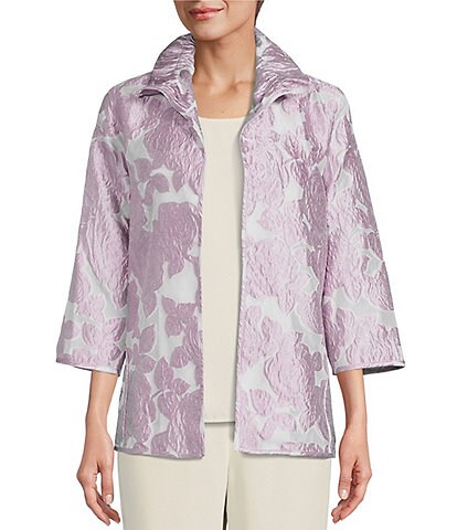 Caroline Rose Devore Burnout Lavender Rose Print Jacquard Ruched Stand Collar 3/4 Sleeve Statement Jacket