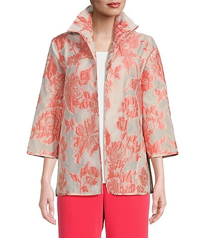 Caroline Rose Devore Jacquard Coral Rose Print Ruched Stand Collar 3/4 Sleeve Open-Front Jacket