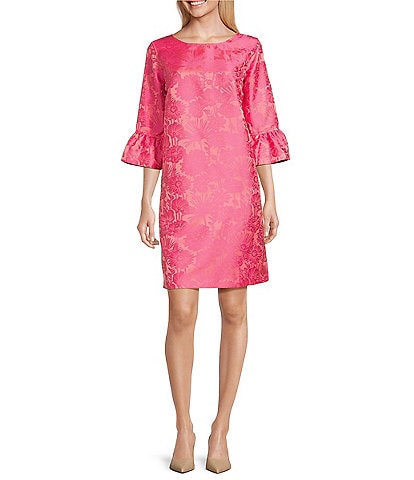 Caroline Rose Floral Jacquard Scoop Neck 3/4 Sleeve Ruffle Bell Cuff Shift Dress