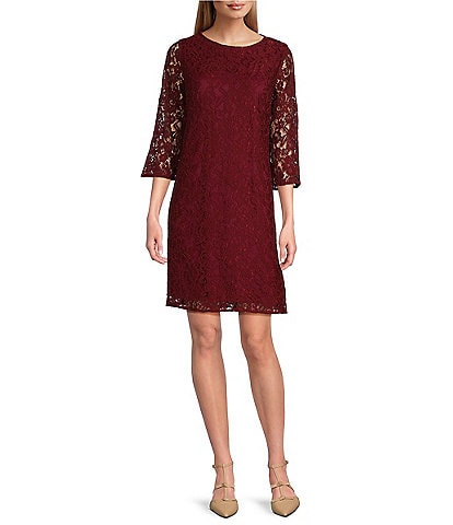 Caroline Rose Lace Round Neck 3/4 Sleeve Shift Dress