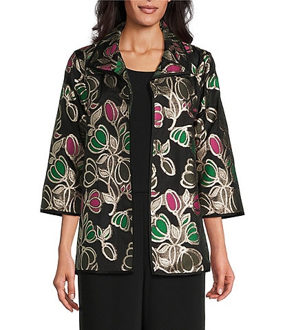 Caroline Rose Garden Glam Metallic Floral Print Spread Collar Bracelet Sleeve Open Front Statement Jacket