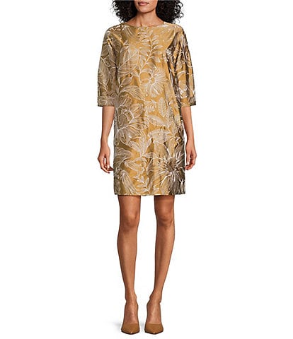 Caroline Rose Gianna Exotic Embroidery Floral Jacquard Scoop Neck 3/4 Sleeve Shift Dress