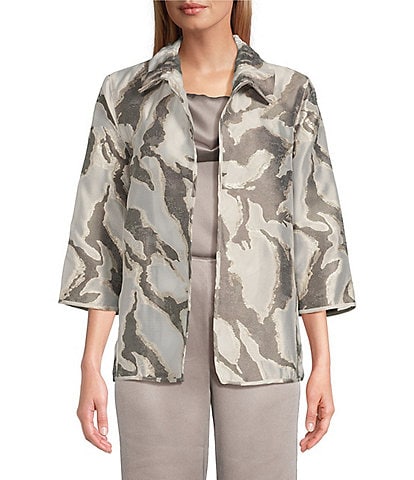 Caroline Rose Glam Devore Jacquard Abstract Swirl Ruched Collar Open-Front Statement Jacket