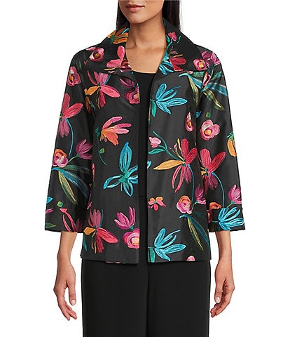Caroline Rose Glorious Garden Floral Embroidered Jacquard Spread Collar Bracelet Sleeve Open-Front Statement Jacket