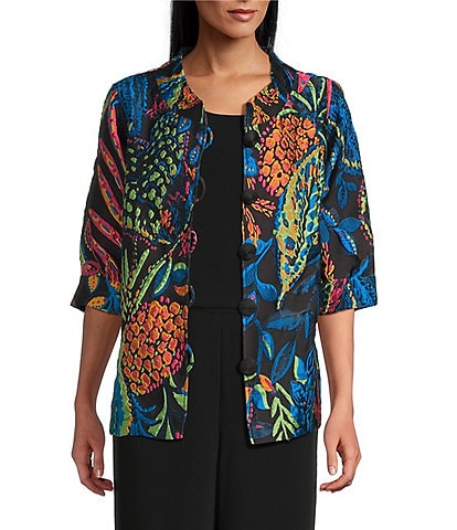 Caroline Rose Jackie Colorful Exotic Print Cloque Mock Collar 3/4 Cuffed Sleeve Button Front Statement Jacket