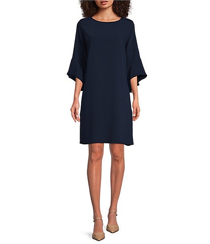 Caroline Rose Julia Matte Crepe 3/4 Ruffle Sleeve Shift Round Neck Shift Dress