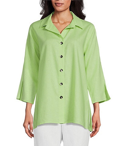 Caroline Rose Linen-Blend Point Collar 3/4 Sleeve Button-Front Breezy Shirt