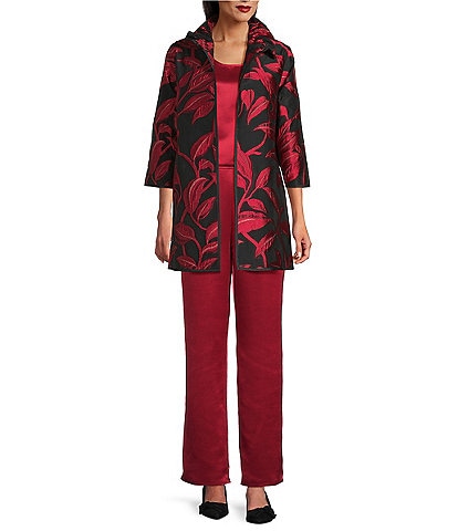 Caroline Rose Luxe Leaf Pattern Devore Ruched Collar 3/4 Sleeve Open-Front Statement Jacket