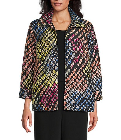 Caroline Rose Mosaic Pattern Cloque Spread Collar Bracelet Sleeve Open-Front Statement Jacket
